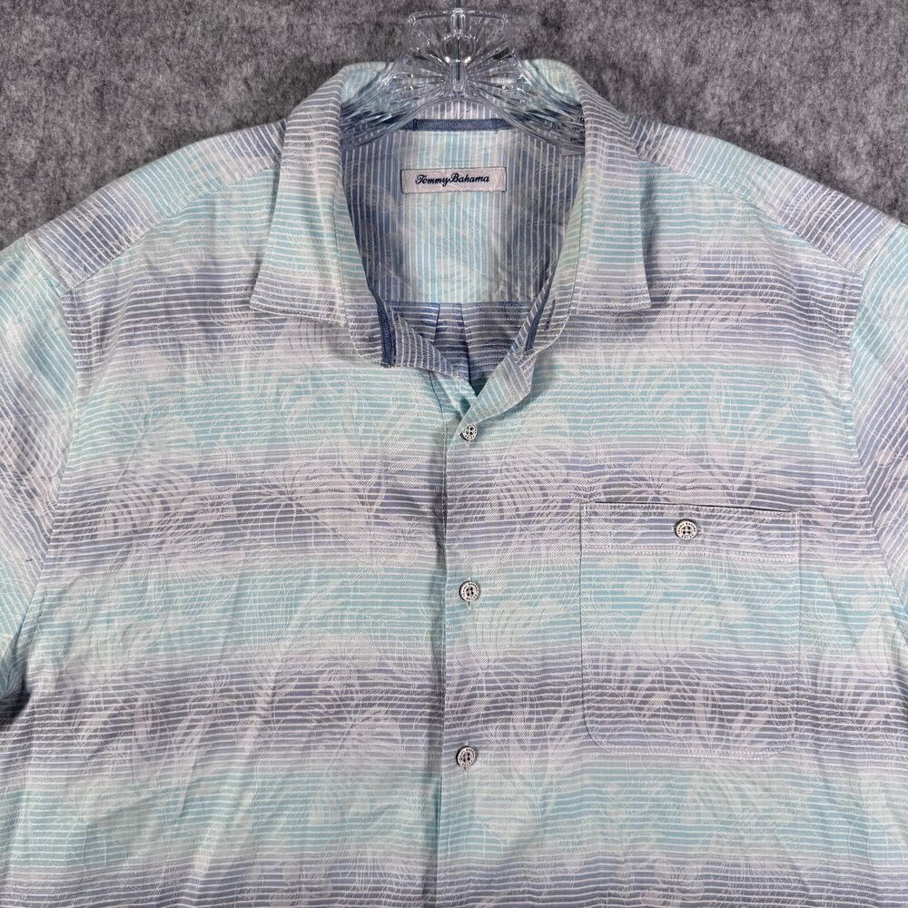 Tommy Bahama Shirt Mens Large Blue Floral Tropical Print Short Sleeve